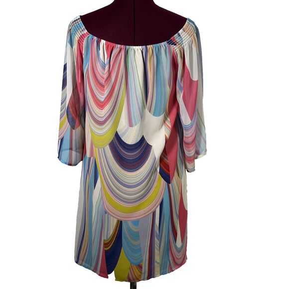 Trina Turk Amaris Rainbow Reflections Off Shoulder Shift Dress Womens Sz 2 NEW - Picture 2 of 16